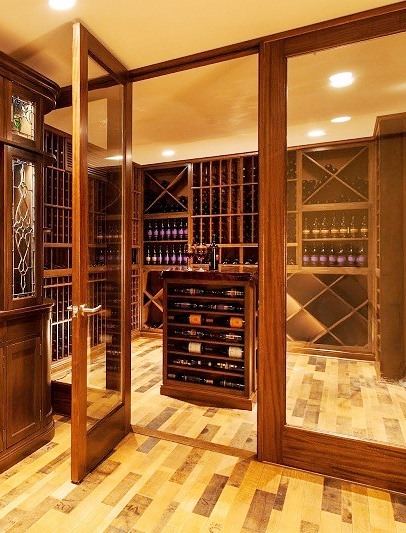 Wine Barrel Flooring Incorporated Into a Home Wine cellar Design